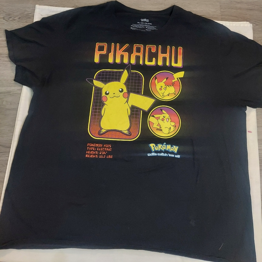 The product is a men's size 3XL Pikachu Pokemon graphic t-shirt in black.